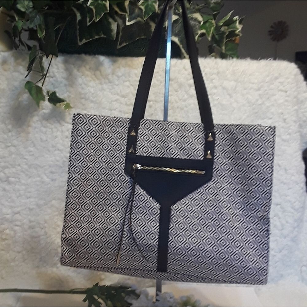 Vintage stella & dot Classic Herringbone Design Large Carry All Bag Black/Cream